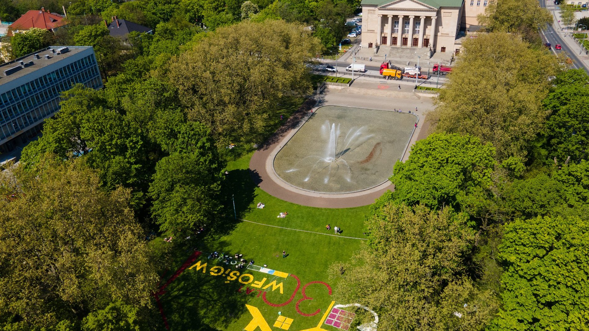 Galeria zdjęć przedstawia dywan kwiatowy w parku - tulipany zostały ułożone na kształt domu, wtyczki do gniazdka, turbiny wiatrowej, paneli fotowoltaicznych oraz napisu