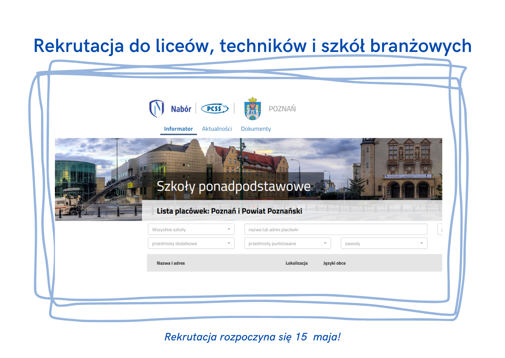 Grafika z informacjami o rekrutacji oraz zdjęciem budynków w centrum miasta - grafika artykułu