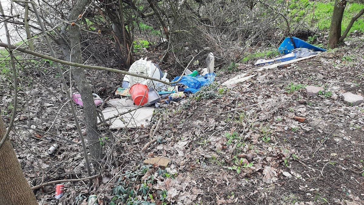 Na zdjęciu śmieci wyrzucone na poboczu drogi