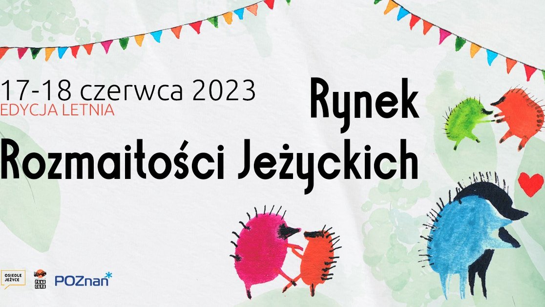 Kolorowy plakat z informacjami o wydarzeniu oraz postaciami rysowanych tańczących jeży