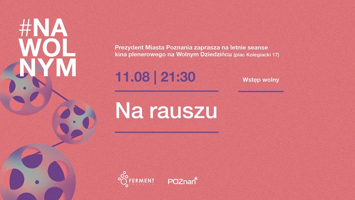 Różowy plakat z informacjami o wydarzeniu oraz grafią trzech zwojów z taśmą kinową