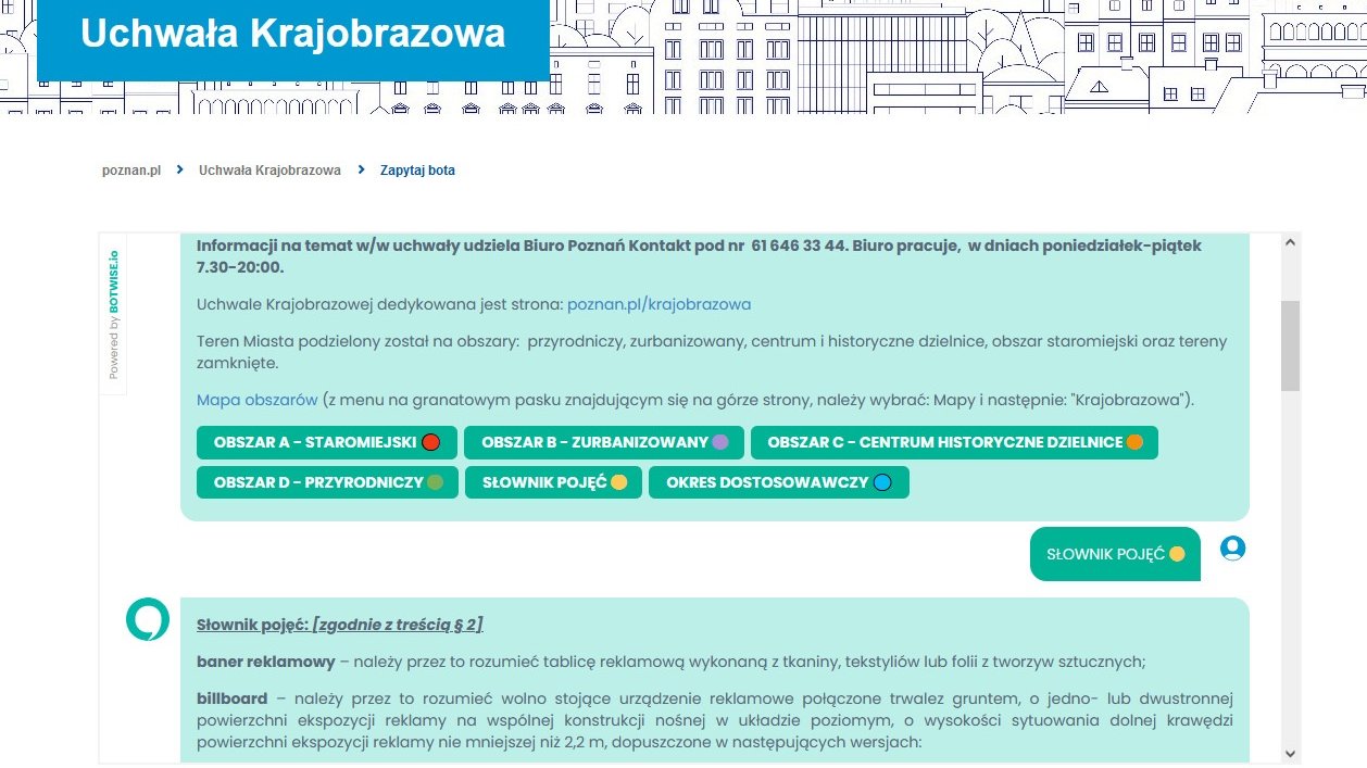 Zrzut ekranu ze strony poznan.pl. Na zdjęciu widać okno dialogowe oraz hasła związane z elektroniczną usługą bota, dedykowaną uchwale krajobrazowej.