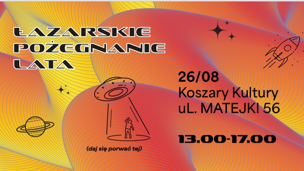 Różowo-żółty plakat z informacjami oraz grafikami - planetą, rakietą oraz człowiekiem stojącym pod ufo