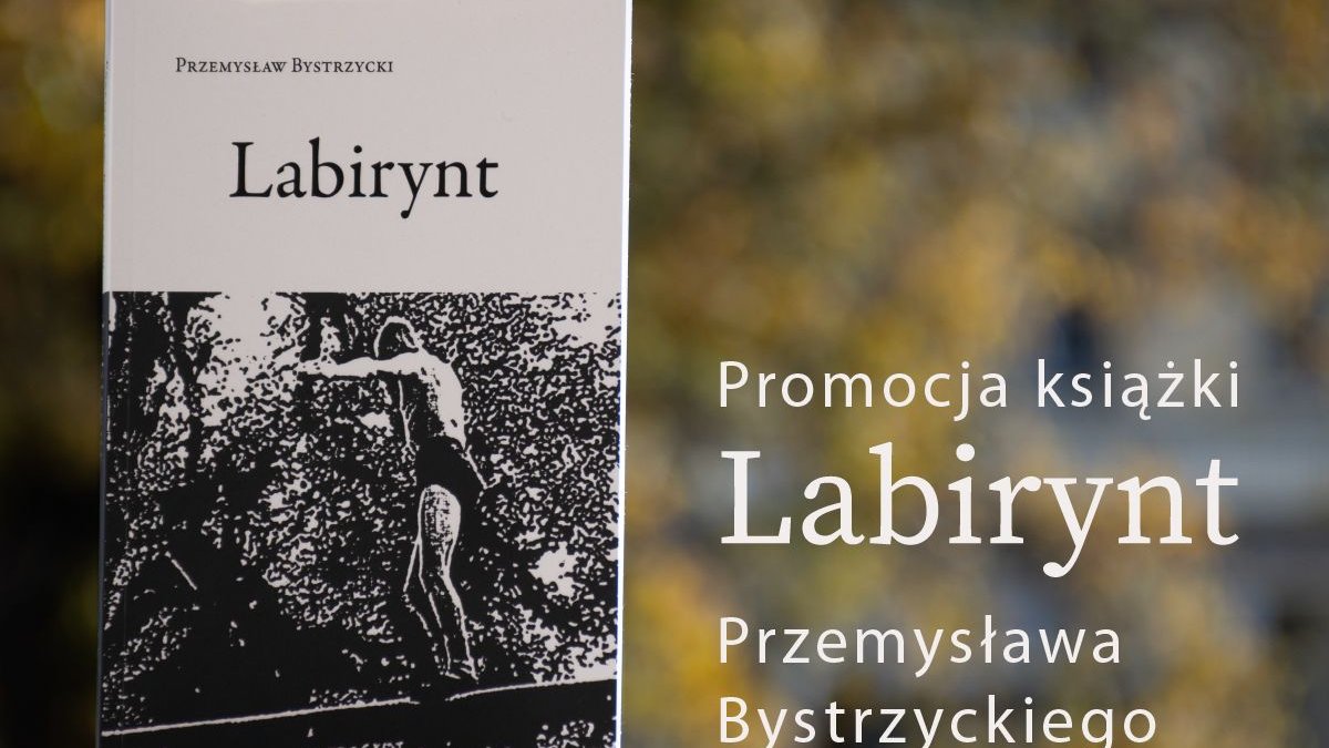 Okładka książki Przemysława Bystrzyckiego Labirynt. Okładka jest czarno-biała, na mocno skontrastowanym, rastrowym tle widać czarno-białe plamy, na tym tle widać zarys człowieka próbującego utrzymać równowagę na równoważni, gałęzi lub desce. W tle rozmyte zielone liście.