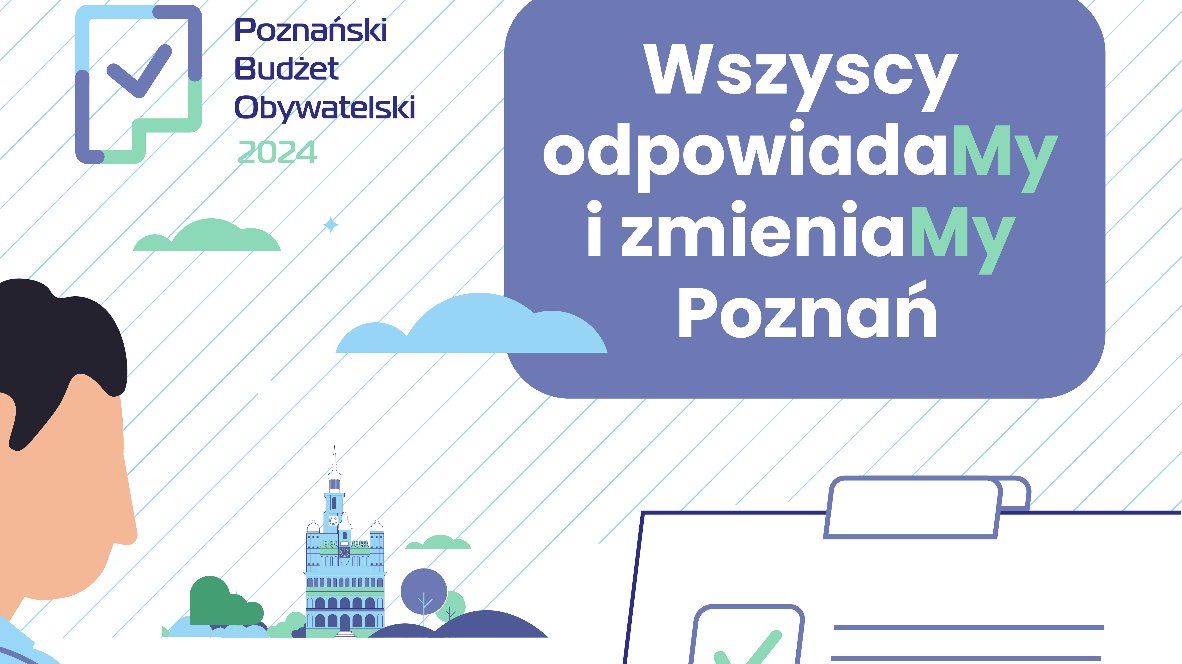 Grafika przedstawia rysunek człowieka, który zaznacza "ptaszki" na karcie do głosowania oraz logo Poznańskiego Budżetu Obywatelskiego.