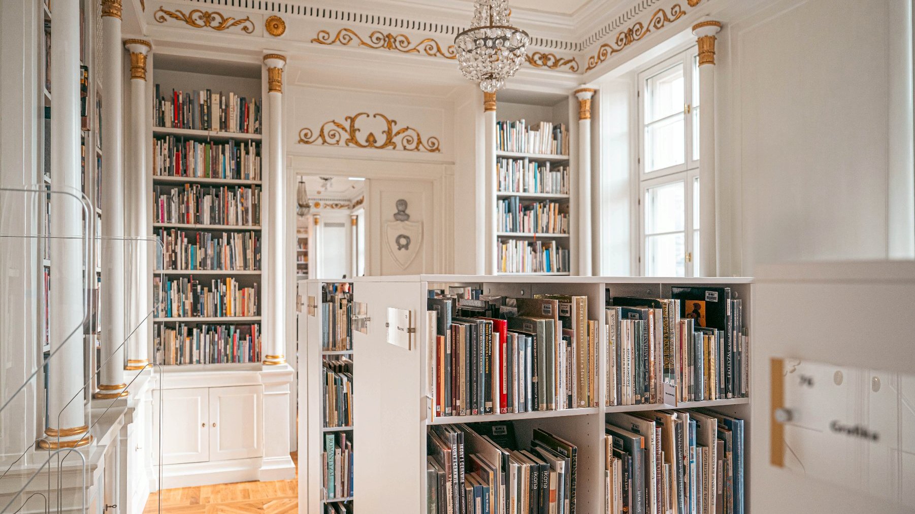 Galeria zdjęć przedstawia wnętrza głównego gmachu Biblioteki Raczyńskich. Na białych, zdobionych pólkach stoją rzędy książek.