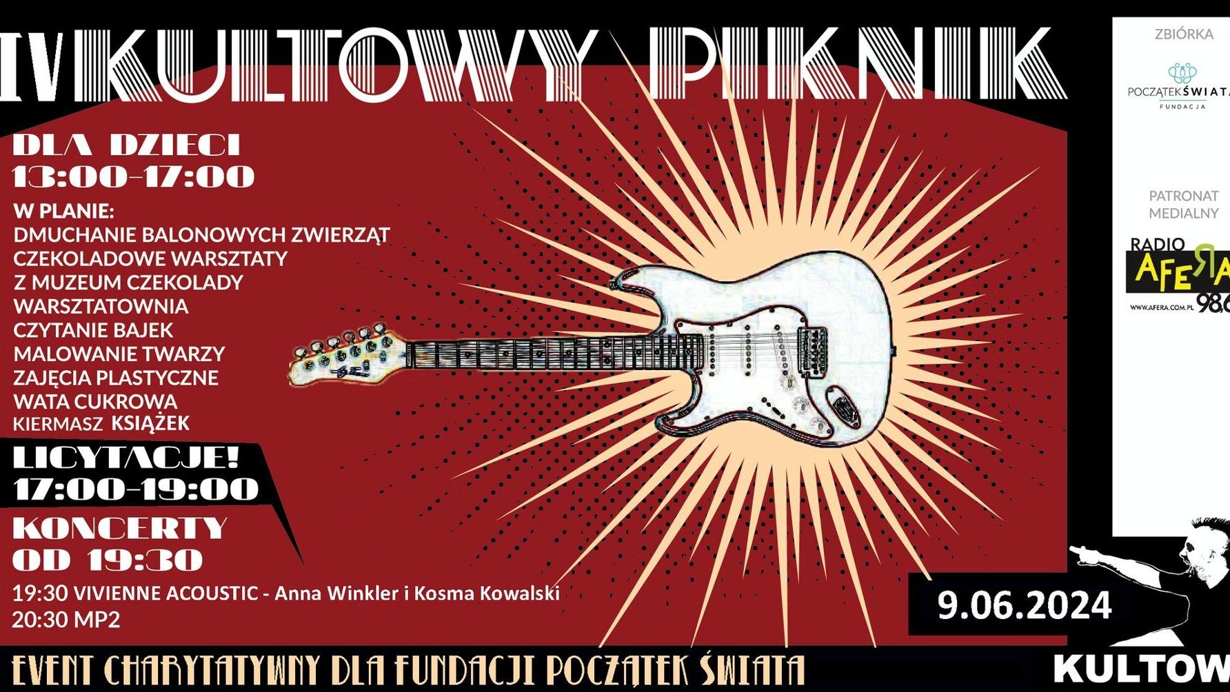 Plakat z informacjami o wydarzeniu i rysunkiem gitary.