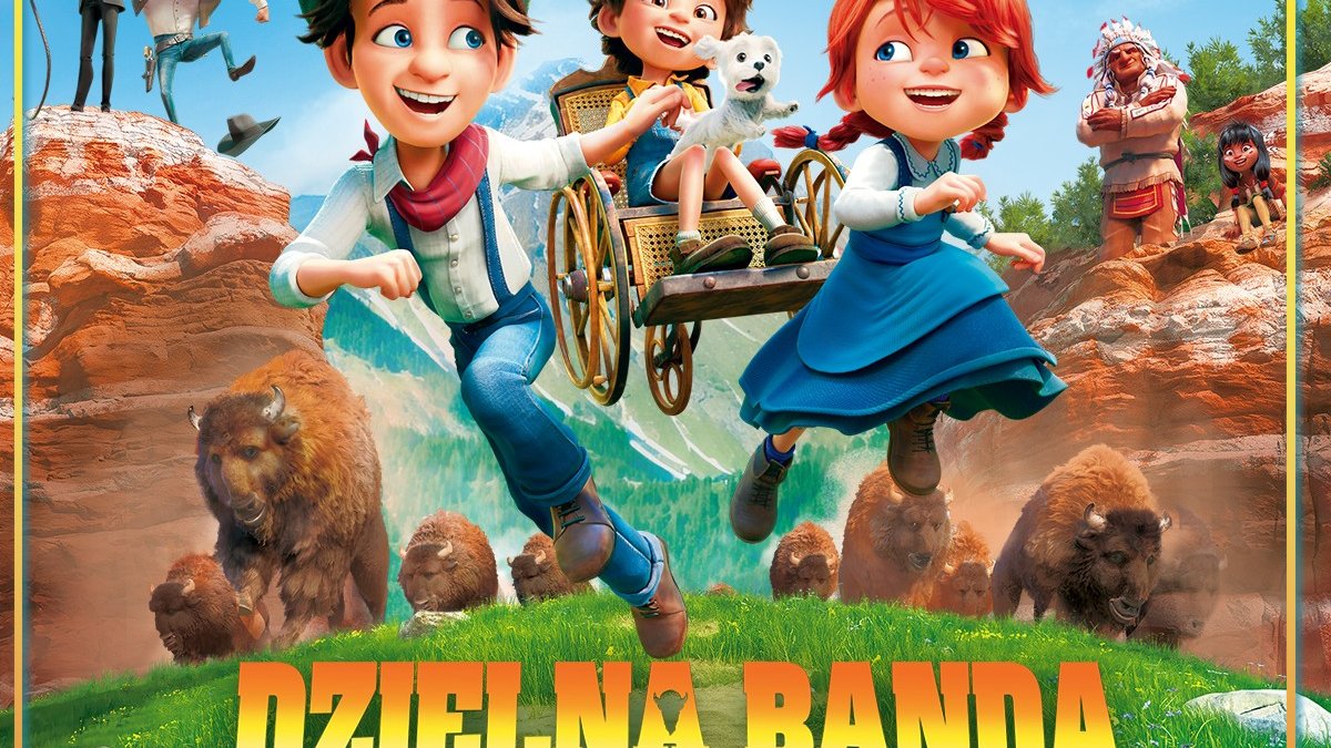 Plakat filmowy dla animowanego filmu. Na plakacie widnieje kilku bohaterów w dynamicznej, przygodowej scenerii. Troje dzieci, z których jedno jest na wózku inwalidzkim, oraz mały biały pies. Dzieci przedstawione są w dynamicznych pozach, sugerujących akcję i przygodę. Tło pokazuje malowniczy krajobraz z zieloną trawą, skalistymi klifami i czystym niebem.