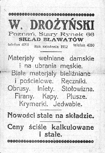 Ulotka reklamująca dom towarowy W.Drożyńskiego