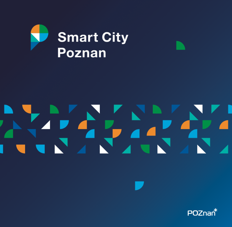 The Smart City Poznan symbols on a navy blue background. Colourful geometric elements.