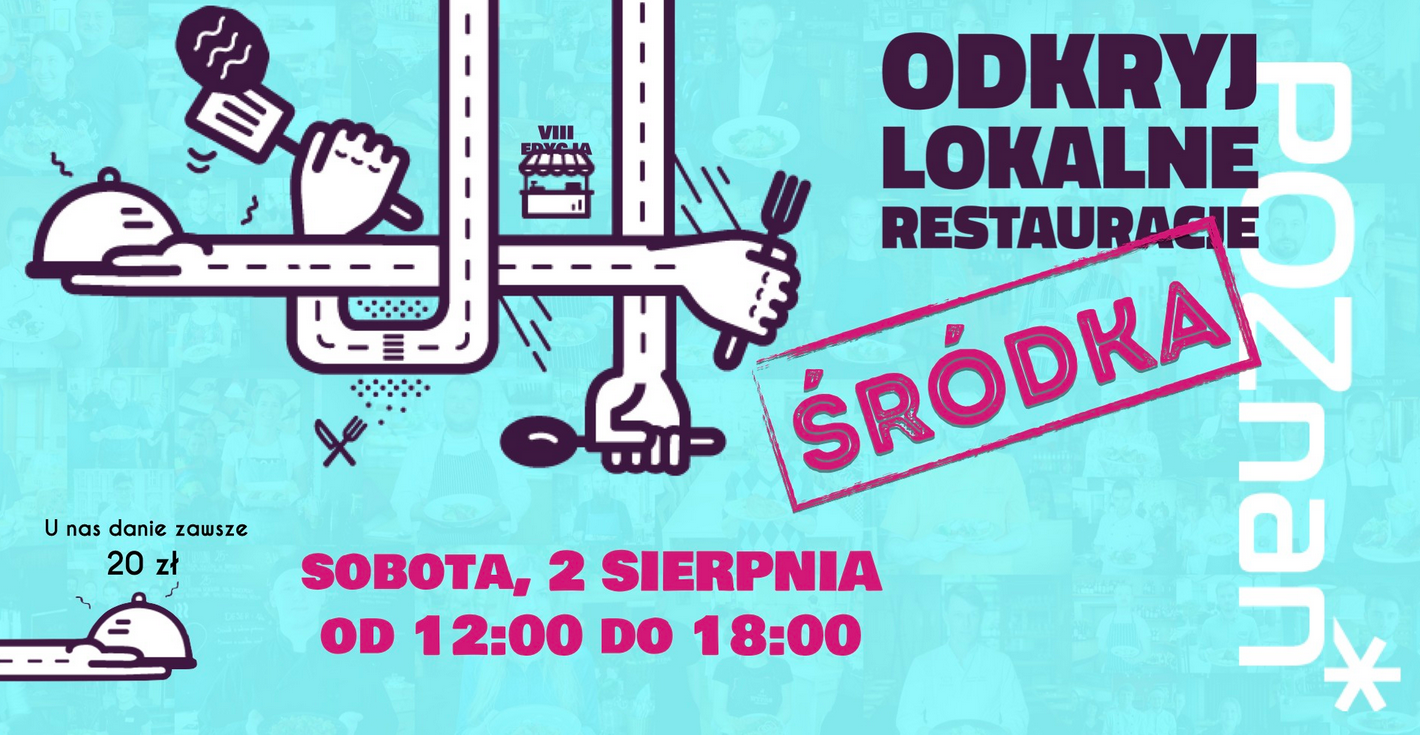Odkryj lokalne restauracje na Śródce Baner, na niebieskim tle abstraksyjne krzyżujące się ręce trzymające widelec i łyżkę, z boku napisy, które informują o wydarzeniu.