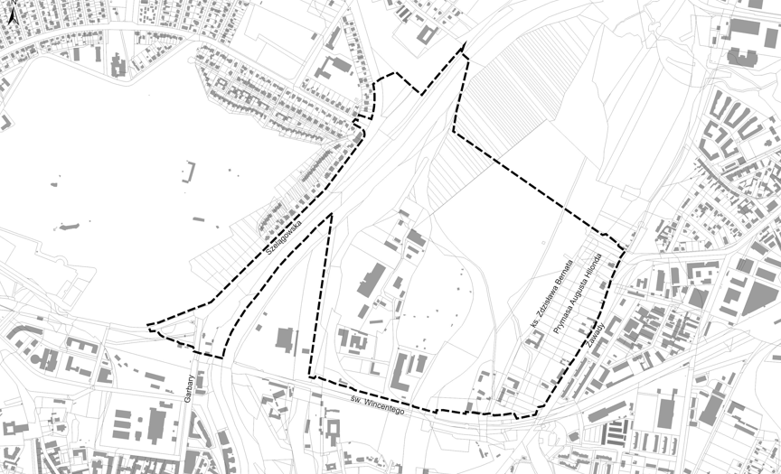Projekt obejmuje niemal 99 hektarów w centralnej części miasta, na północ od katedry i mostu Biskupa Jordana Mapa przedstawia fragment miasta z zaznaczonymi ulicami.