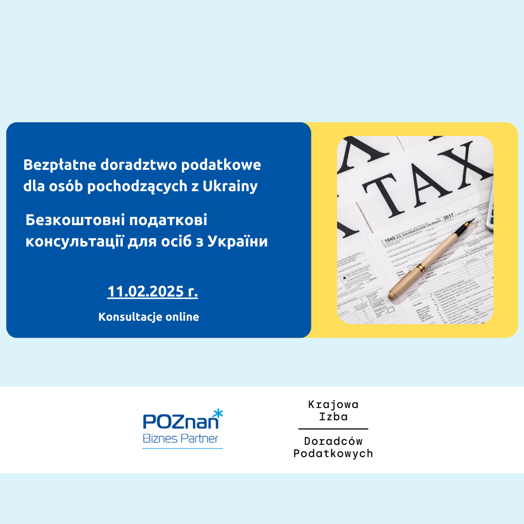 Grafika informująca o bezpłatnym doradztwie w języku ukraińskim. Na zdjęciu widnieje grafika z papierami, wielkim napisem Tax oraz długopisem leżący na kartce - grafika artykułu