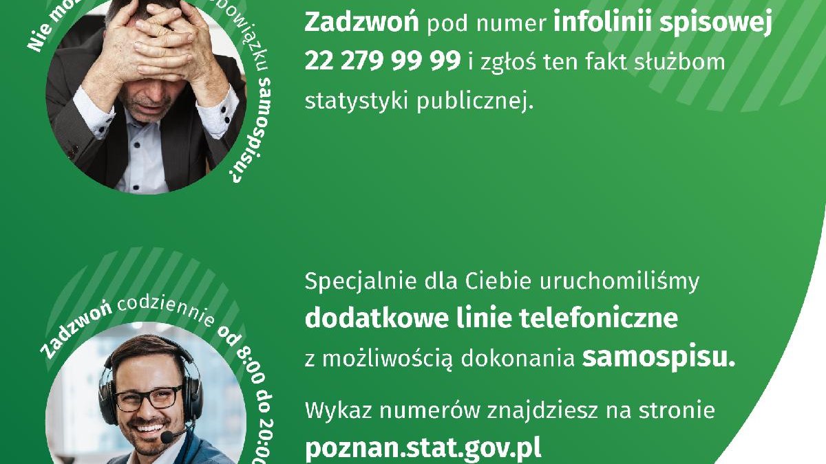 Grafika: zielone tło, po lewej twarze dwóch mężczyzn wykadrowane w owalu. Jeden zakrywa dłońmi twarz, drugi się uśmiecha. Obok informacje o numerach telefonu