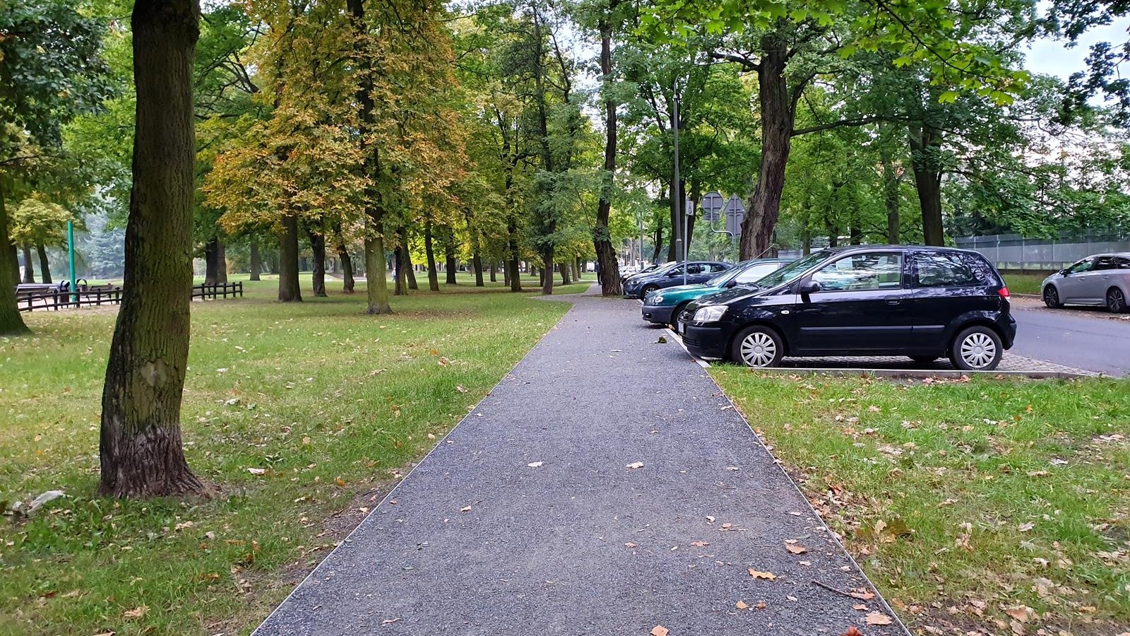 Ścieżka wzdłuż ul. Za Cytadelą. Dużo zieleni i drzew. Po prawej stronie miejsca parkingowe