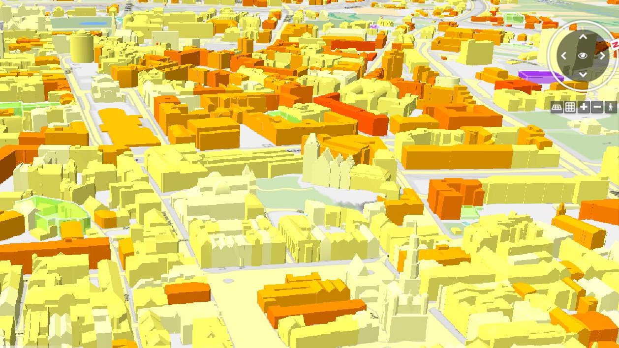 Grafika przedstawia budynki zaznaczone w kolorach od jasno pomarańczowego do czerwonego.