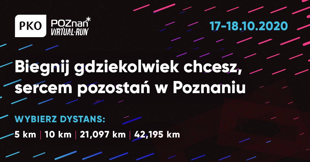 Plakat promujący bieg. Biały napis na czarnym tle: Biegnij gdziekolwiek chcesz, sercem pozostań w Poznaniu. - grafika artykułu