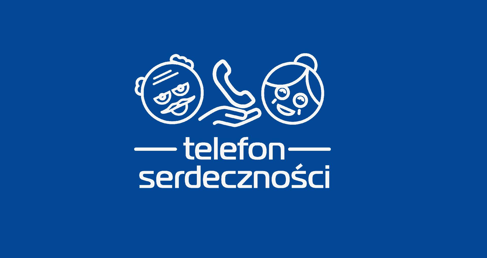 Grafika: na granatowym tle dwie schematyczne twarze seniorów rysowane białą kreską, pomiędzy nimi dłoń trzymająca słuchawkę, niżej napis: telefon serdeczności - grafika artykułu