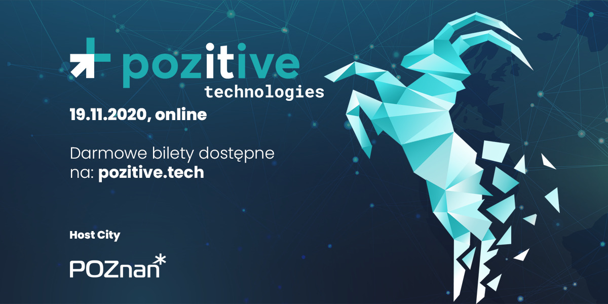 Grafika. Biały napis na zielonym tle: Pozitive Technologies 19.11.2020, online. - grafika artykułu