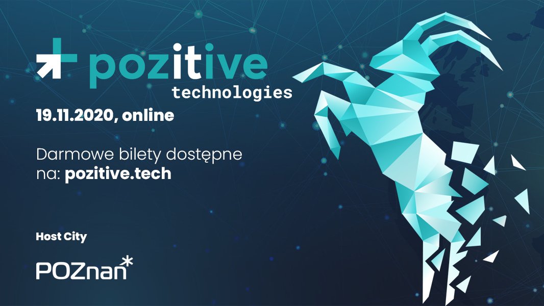 Grafika. Biały napis na zielonym tle: Pozitive Technologies 19.11.2020, online.