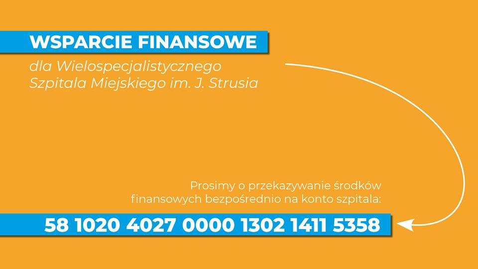 Grafika: na pomarańczowym tle informacja o tym, na jakie konto można przesyłać wsparcie finansowe dla szpitala