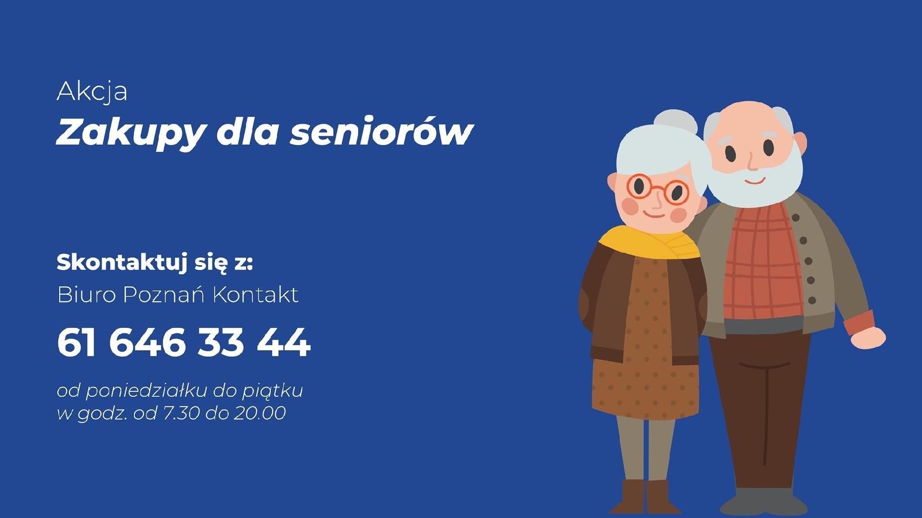 Grafika: na granatowym tle po lewej stronie narysowana para seniorów, po prawej, białą czcionką, najważniejsze informacje o akcji i nr telefonu - grafika artykułu