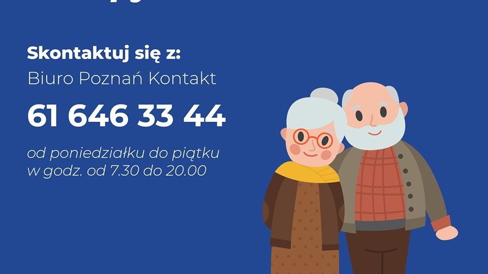 Grafika: na granatowym tle po lewej stronie narysowana para seniorów, po prawej, białą czcionką, najważniejsze informacje o akcji i nr telefonu