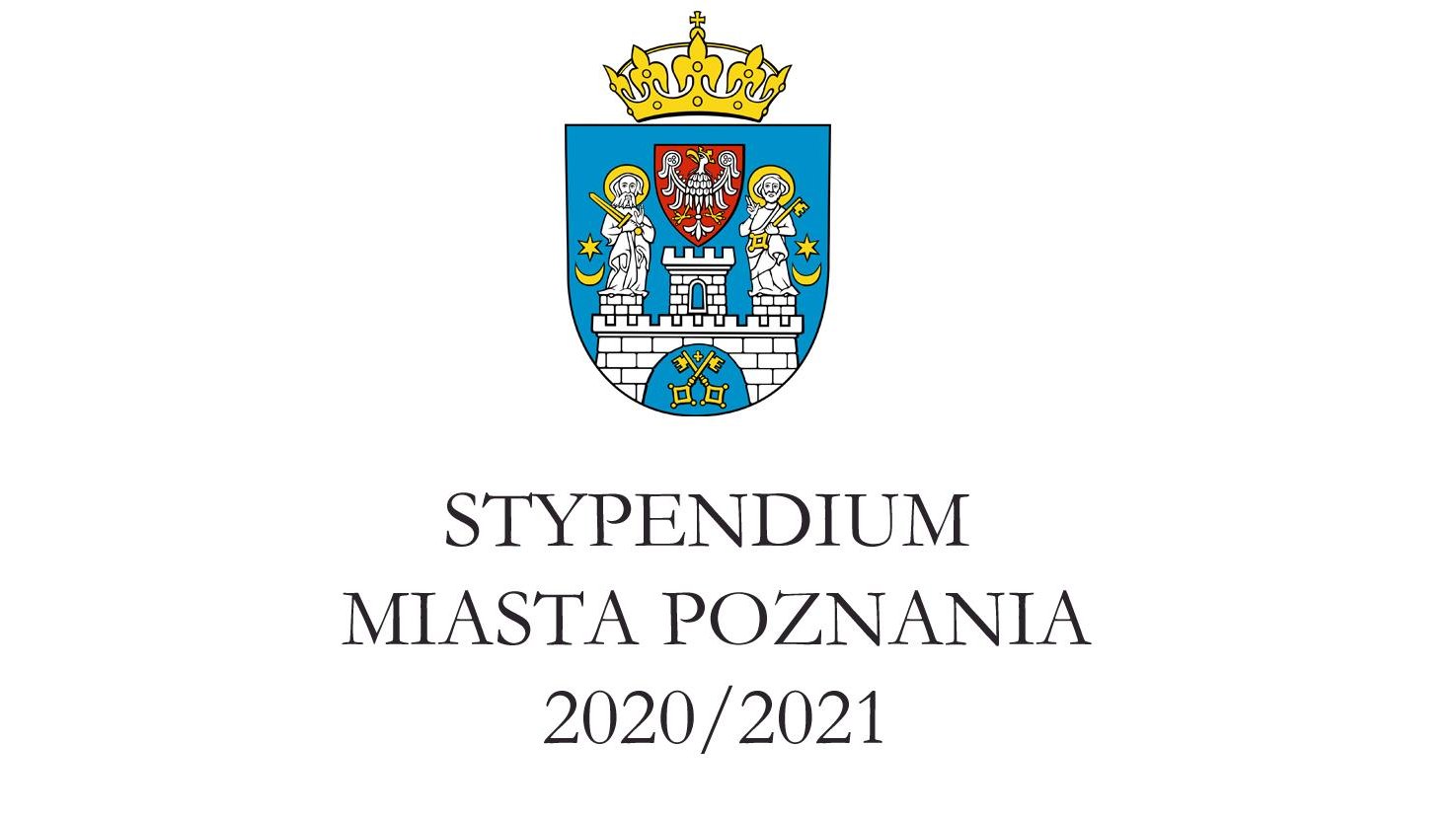 Zdjęcie przedstawia herb Miasta Poznania. Poniżej napis - Stypendia Miasta Poznania 2020/2021.