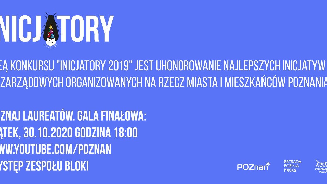 Plakat: Biały napis na niebieskim tle: Poznaj laureatów. Gala finałowa. Piatek, 30.10.20, godz. 18:00.