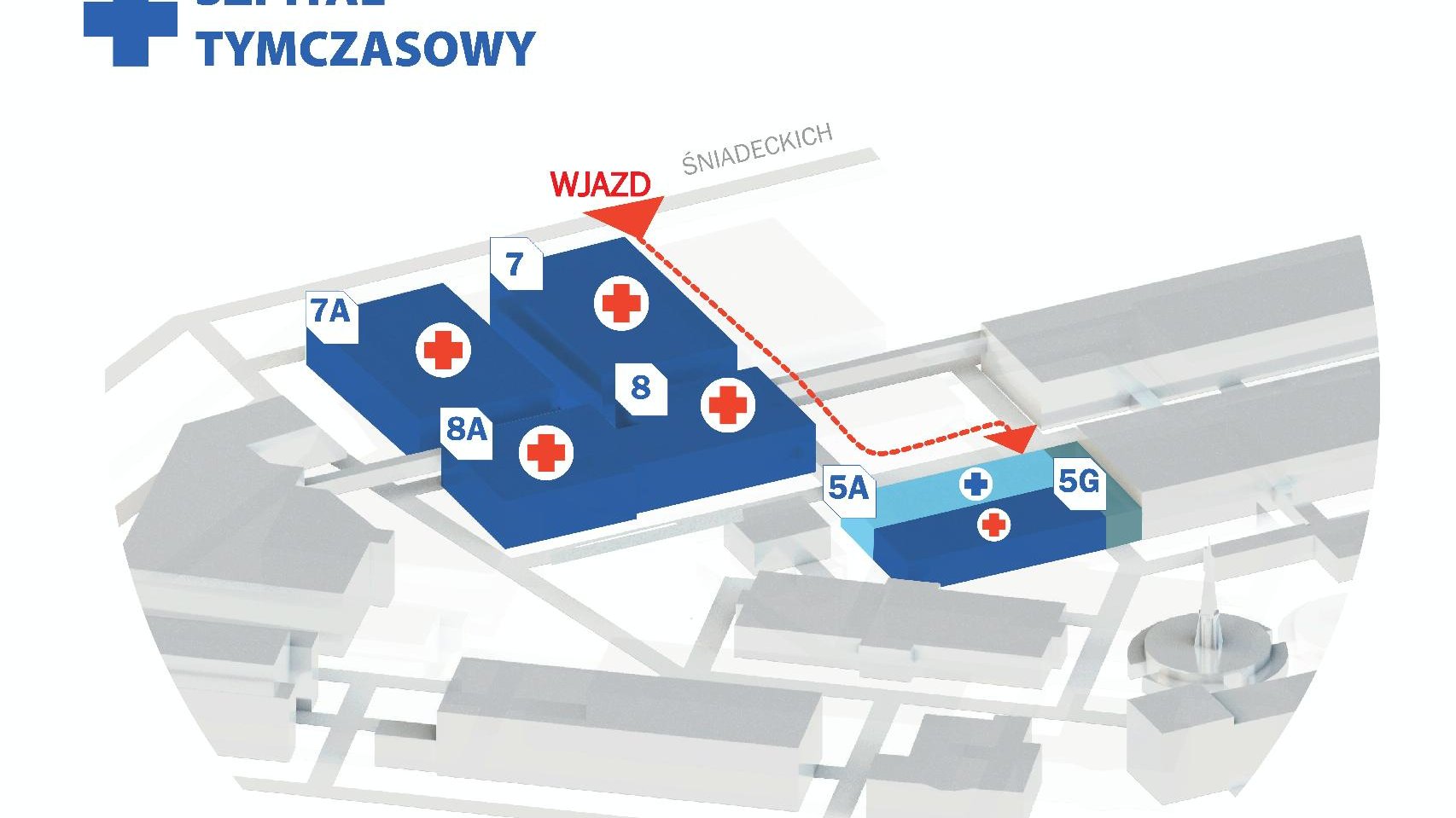 Grafika przedstawiająca schematyczną mapę szpitala tymczasowego