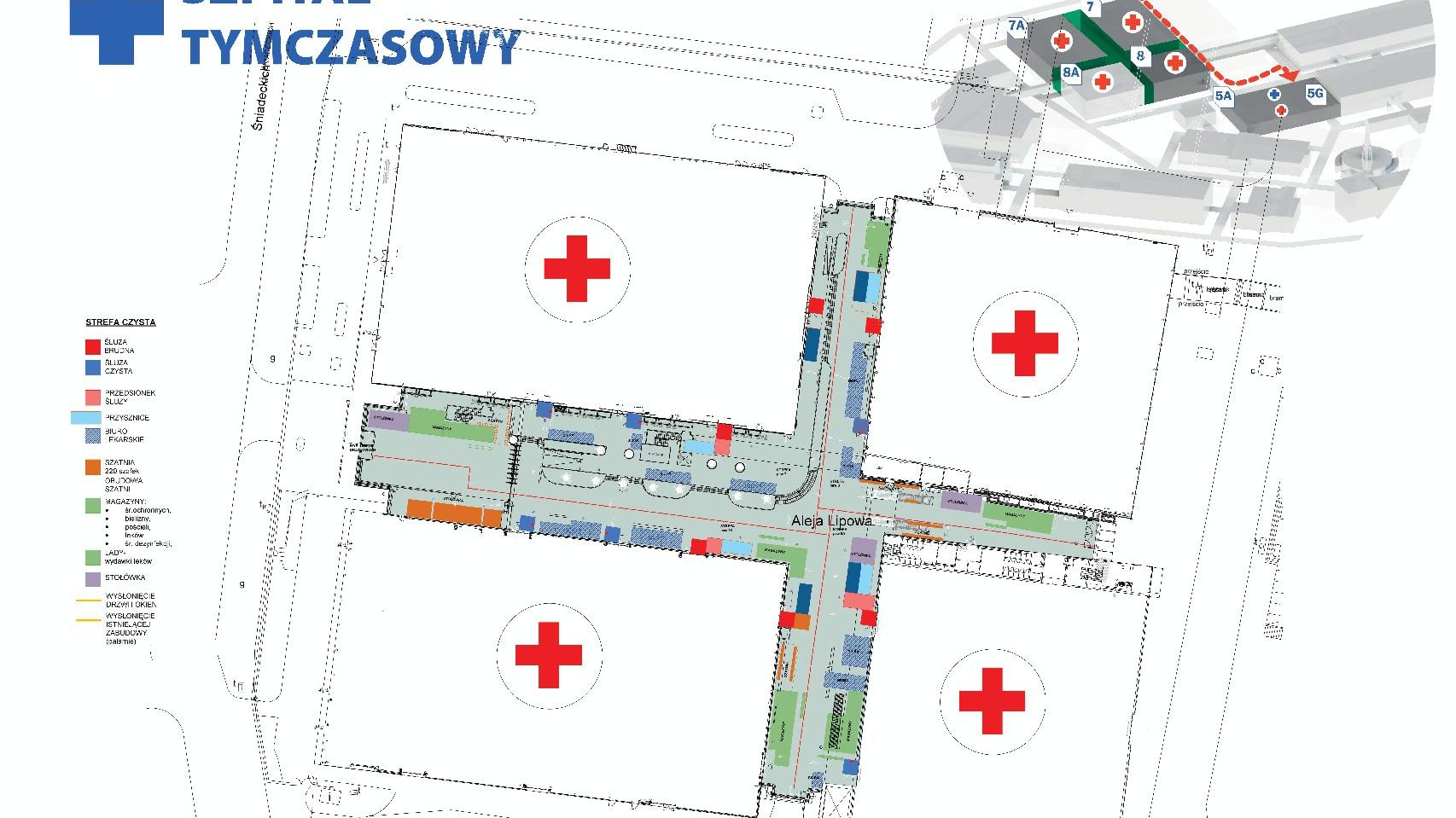 Grafika przedstawiająca schematyczną mapę szpitala tymczasowego