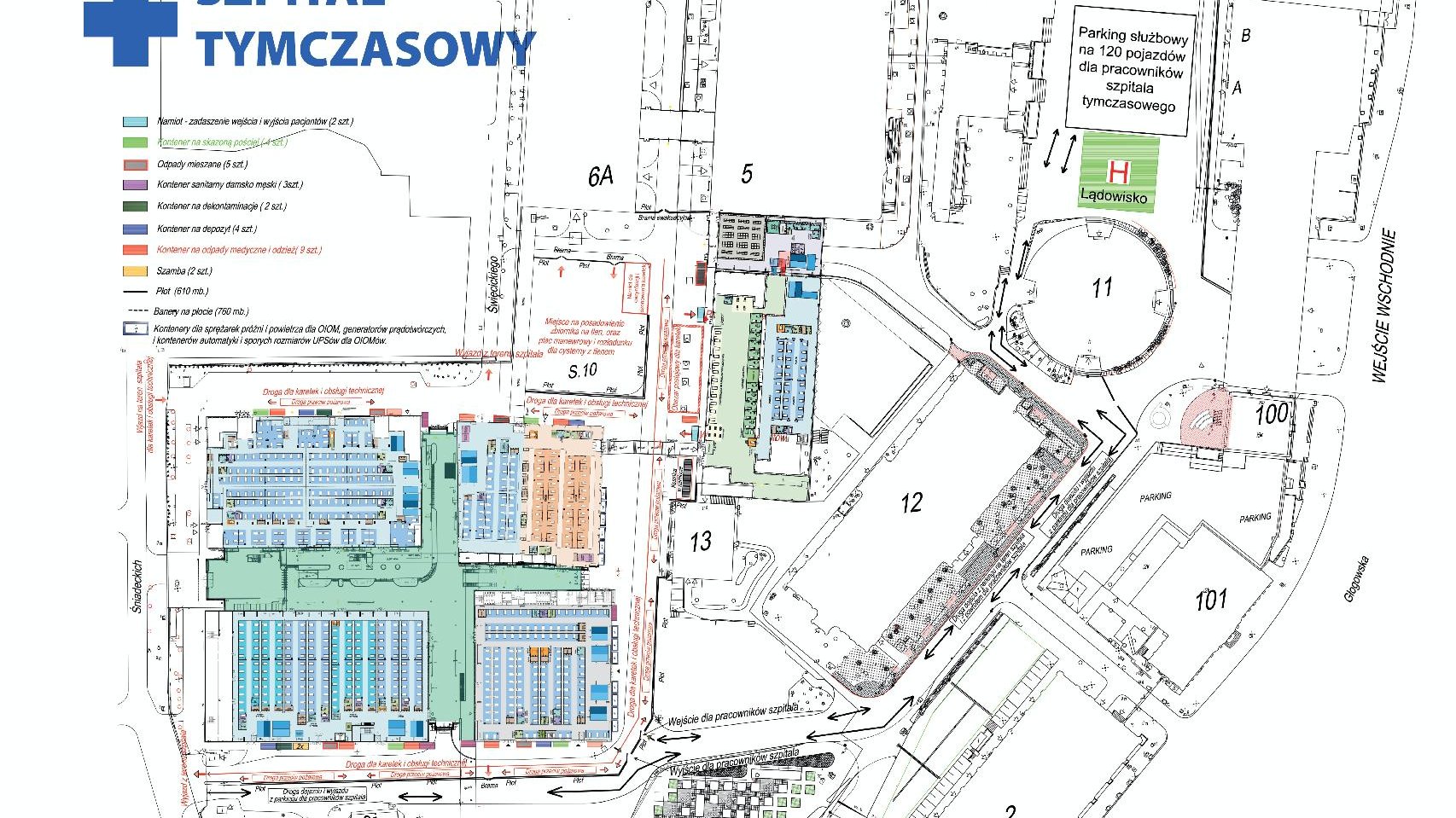 Grafika przedstawiająca schematyczną mapę szpitala tymczasowego