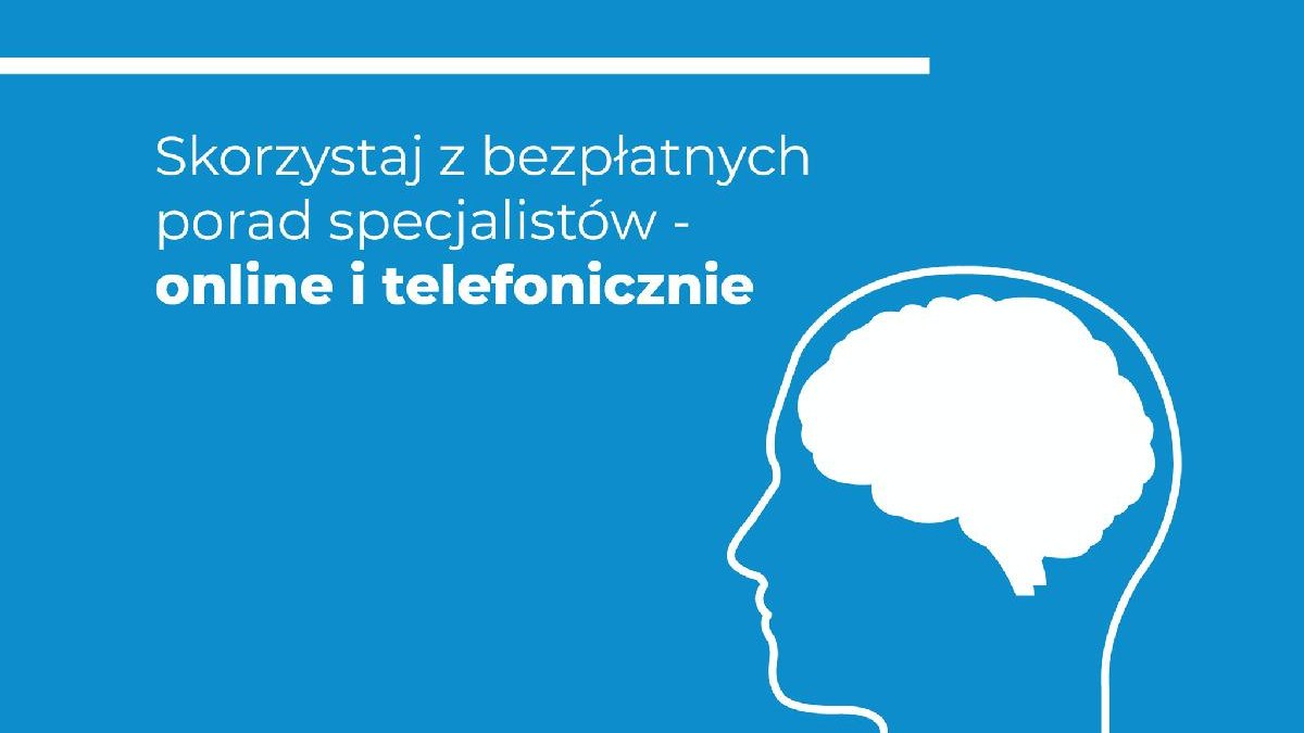 Plakat. Białe napisy na niebieskim tle: wsparcie psychologiczne. Skorzystaj z bezpłatnych porad specjalistów - online i telefonicznie.