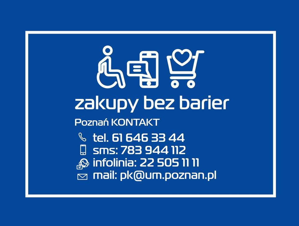 Grafika - na granatowym tle numery telefonów oraz symbole: osoby z niepełnosprawnościami, telefonu, wózka na zakupy - grafika artykułu