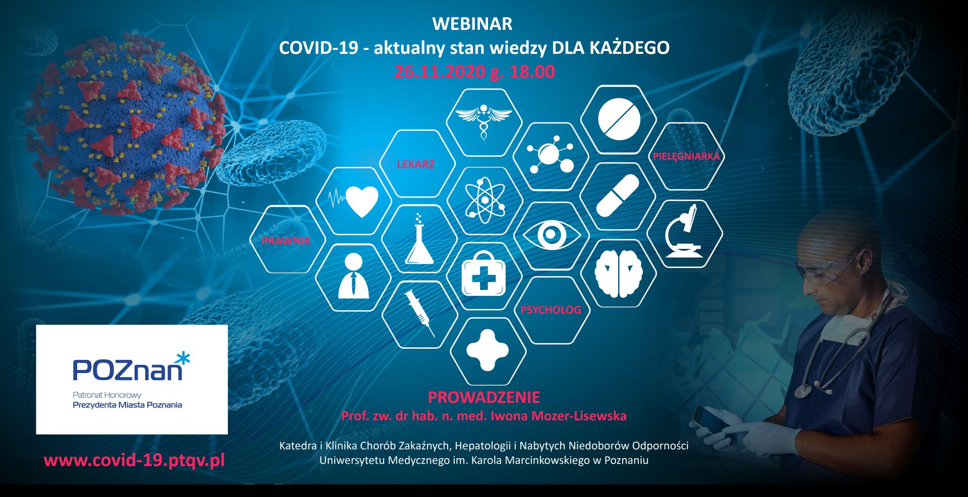Grafika: na granatowym tle heksagonalne pola, w nich symbole związane z medycyną. Nad nimi tytuł webinaru, pod nimi - informacje szczegółowe - grafika artykułu