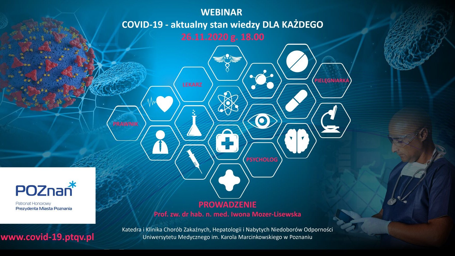 Grafika: na granatowym tle heksagonalne pola, w nich symbole związane z medycyną. Nad nimi tytuł webinaru, pod nimi - informacje szczegółowe