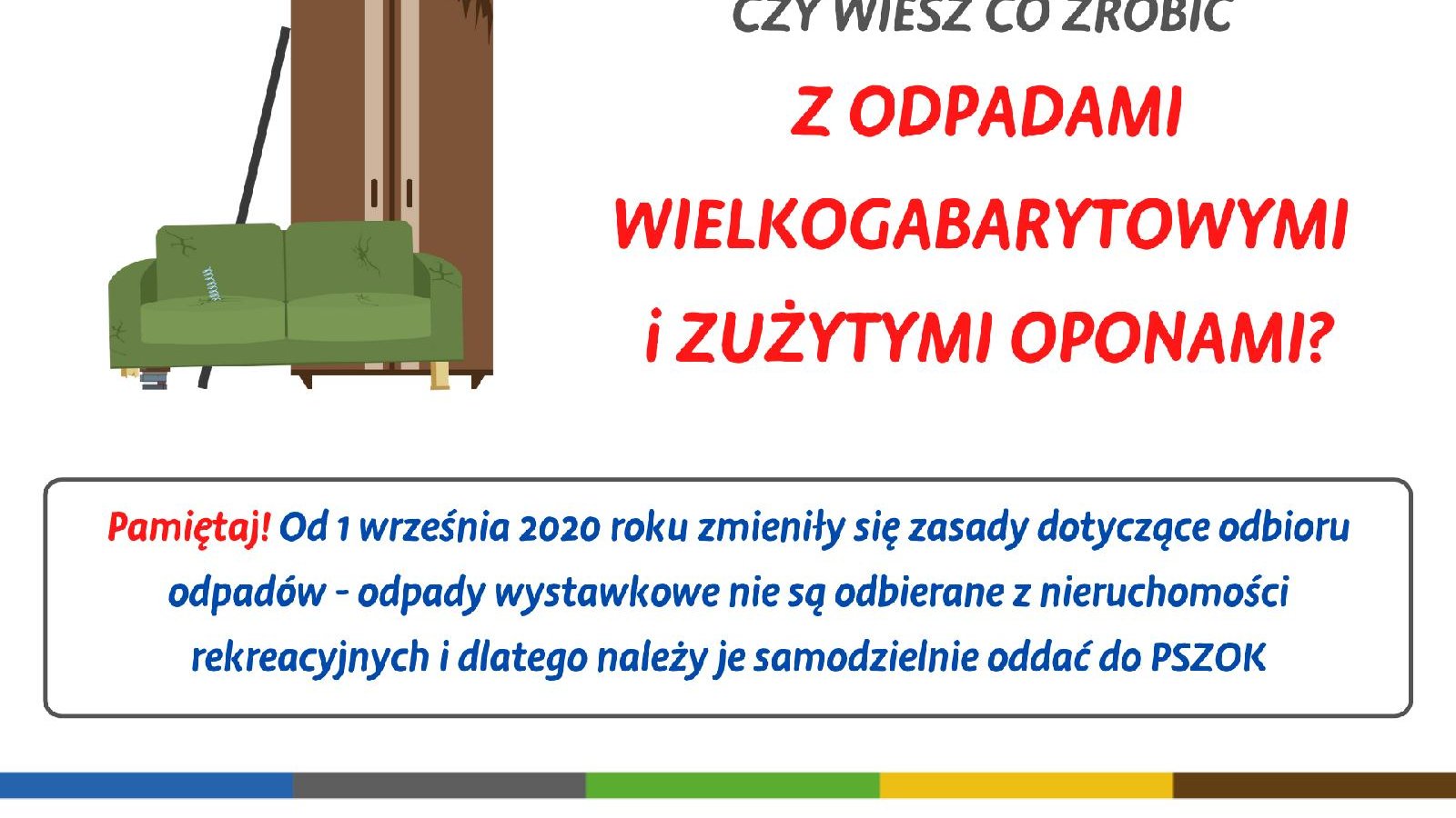 Plakat informacyjny dla właścicieli nieruchomości rekreacyjnych. Oprócz informacji znajduje się rysunek kanapy i szafy.