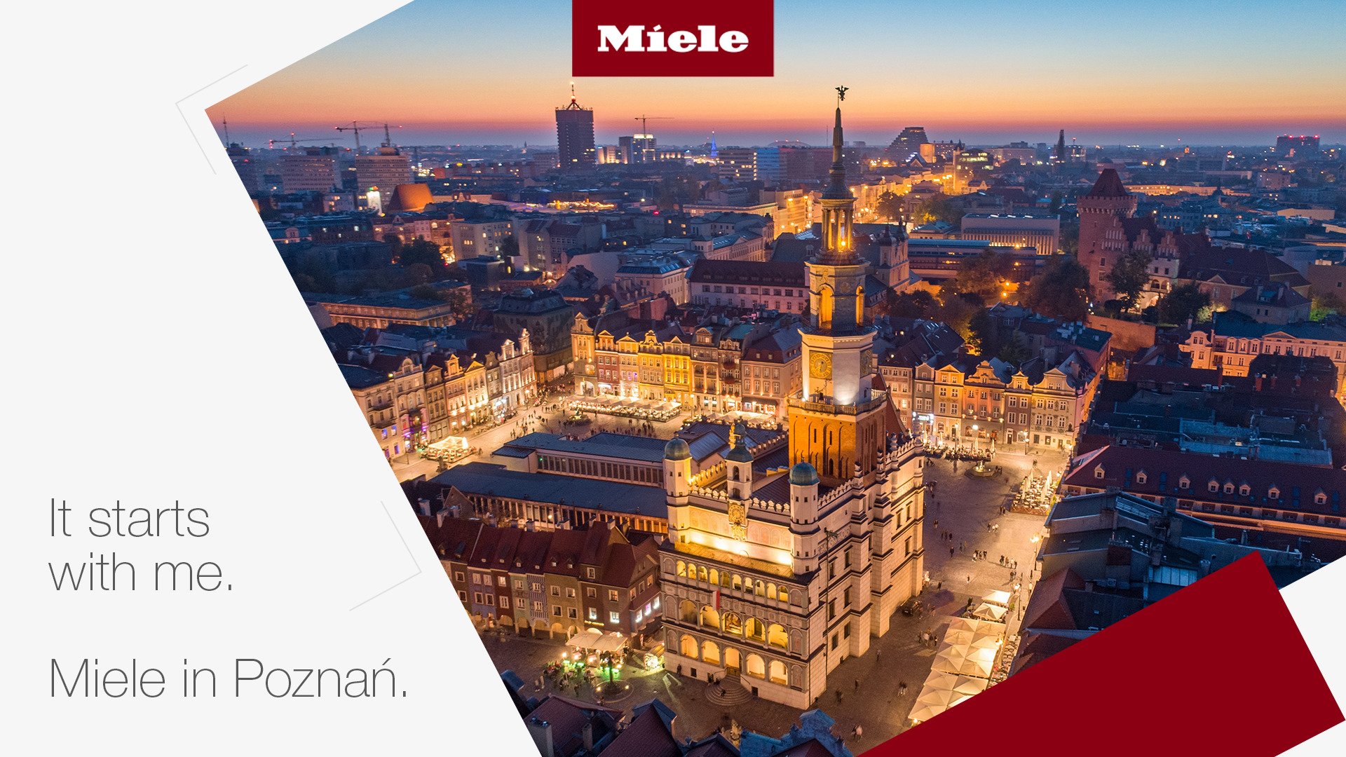 Poznań z lotu ptaka. Obok napis "It starts with me. Miele in Poznań".