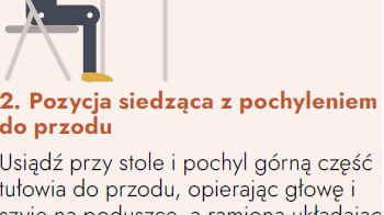 Infografika: schematyczna pozycja siedząca, jaką należy przyjąć w przypadku duszności wraz z opisem