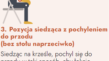 Infografika: schematyczna pozycja siedząca, jaką należy przyjąć w przypadku duszności wraz z opisem