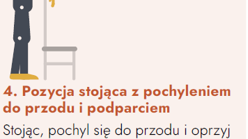 Infografika: schematyczna pozycja stojąca, jaką należy przyjąć w przypadku duszności wraz z opisem