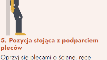 Infografika: schematyczna pozycja stojąca, jaką należy przyjąć w przypadku duszności wraz z opisem