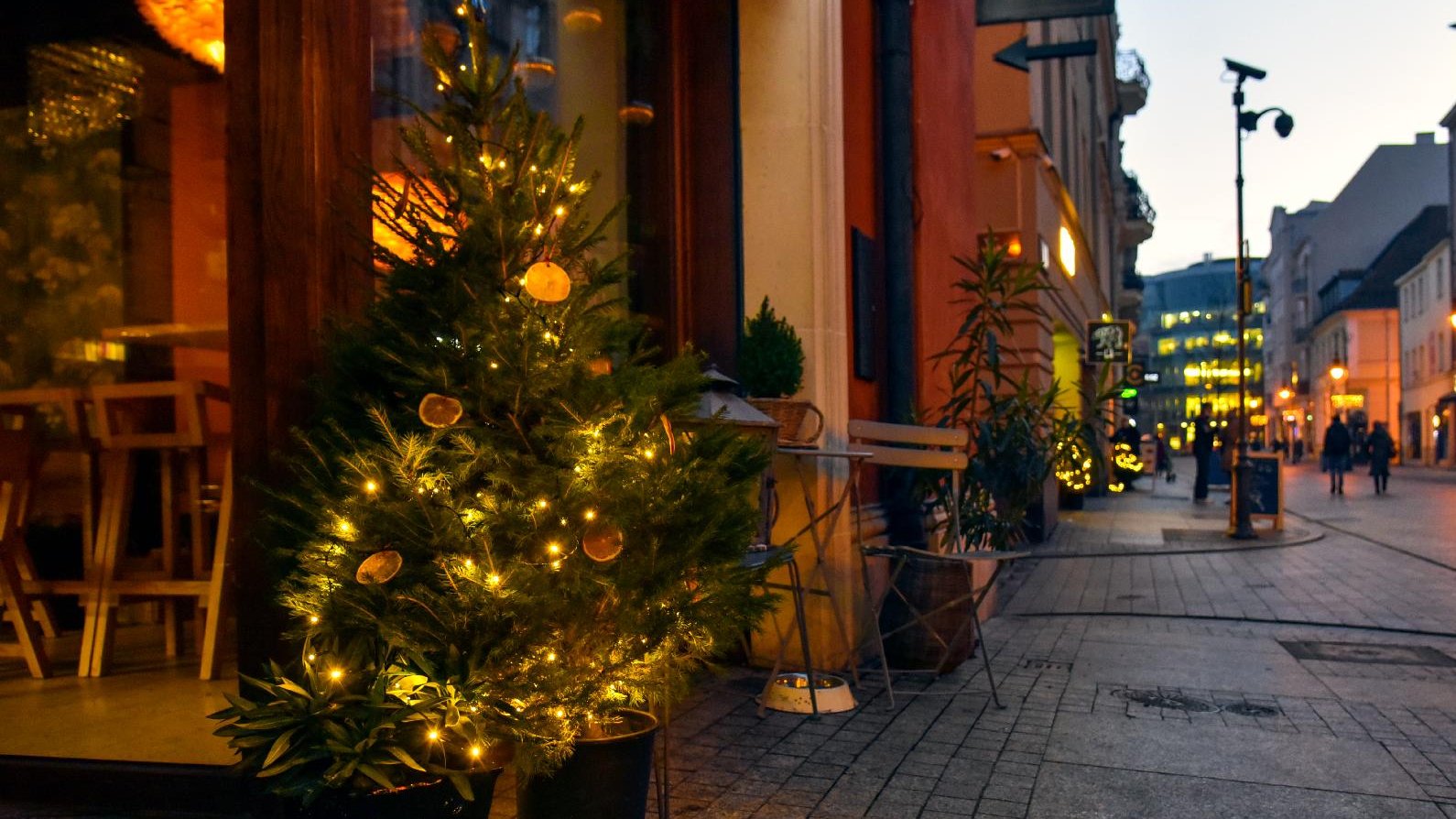 Przystrojona w światełka i logo Miasta Poznania choinka na tle witryny restauracji. Na drugim planie ul. Wrocławska.