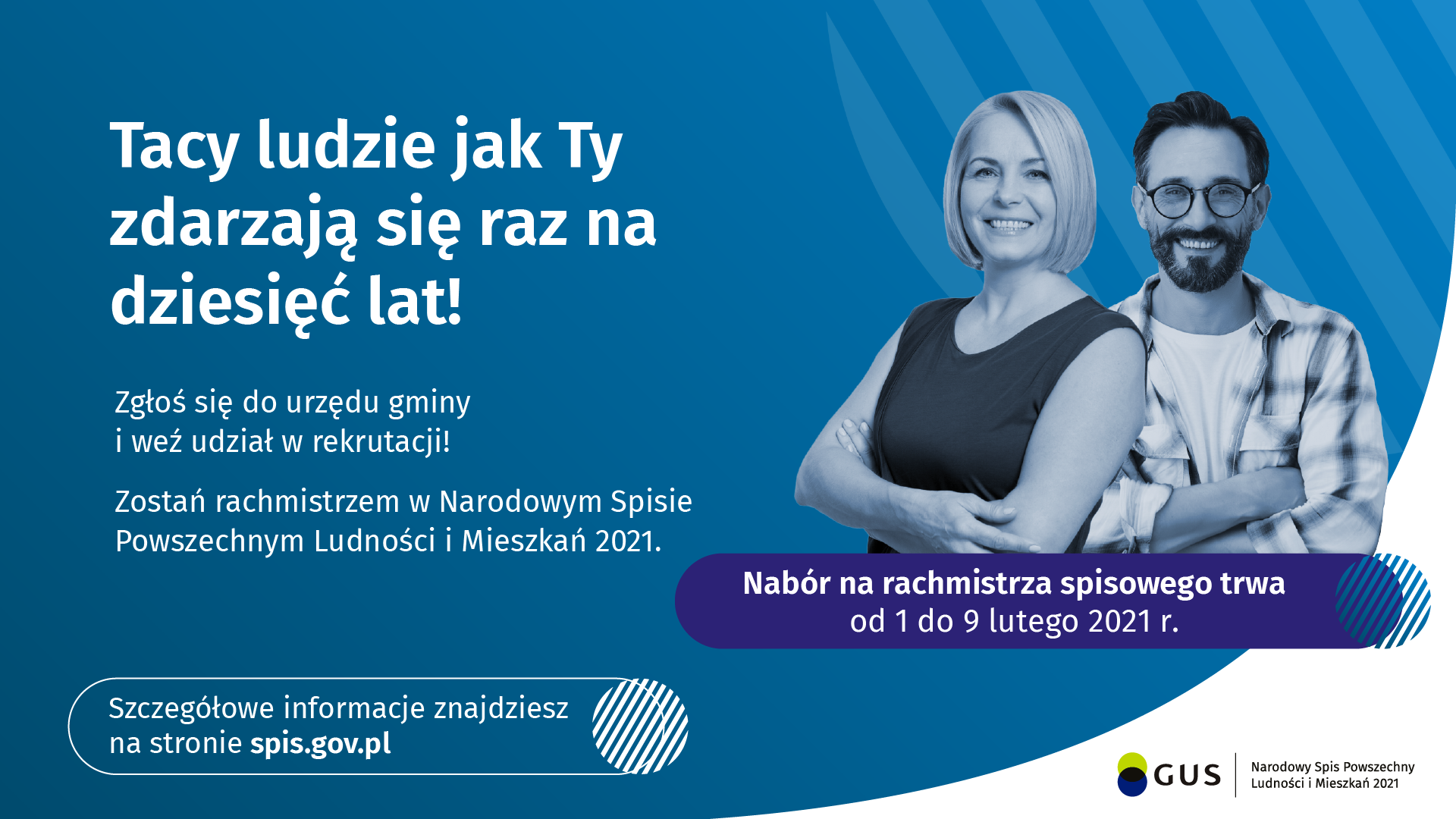 Grafika przedstawia zdjęcie mężczyzny i kobiety - oboje się uśmiechają oraz informacje o naborze na rachmistrza. - grafika artykułu