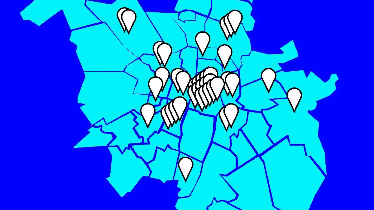 Grafika przedstawia mapę Poznania z zaznaczonymi punktami, w których działają lokalne centra kultury.