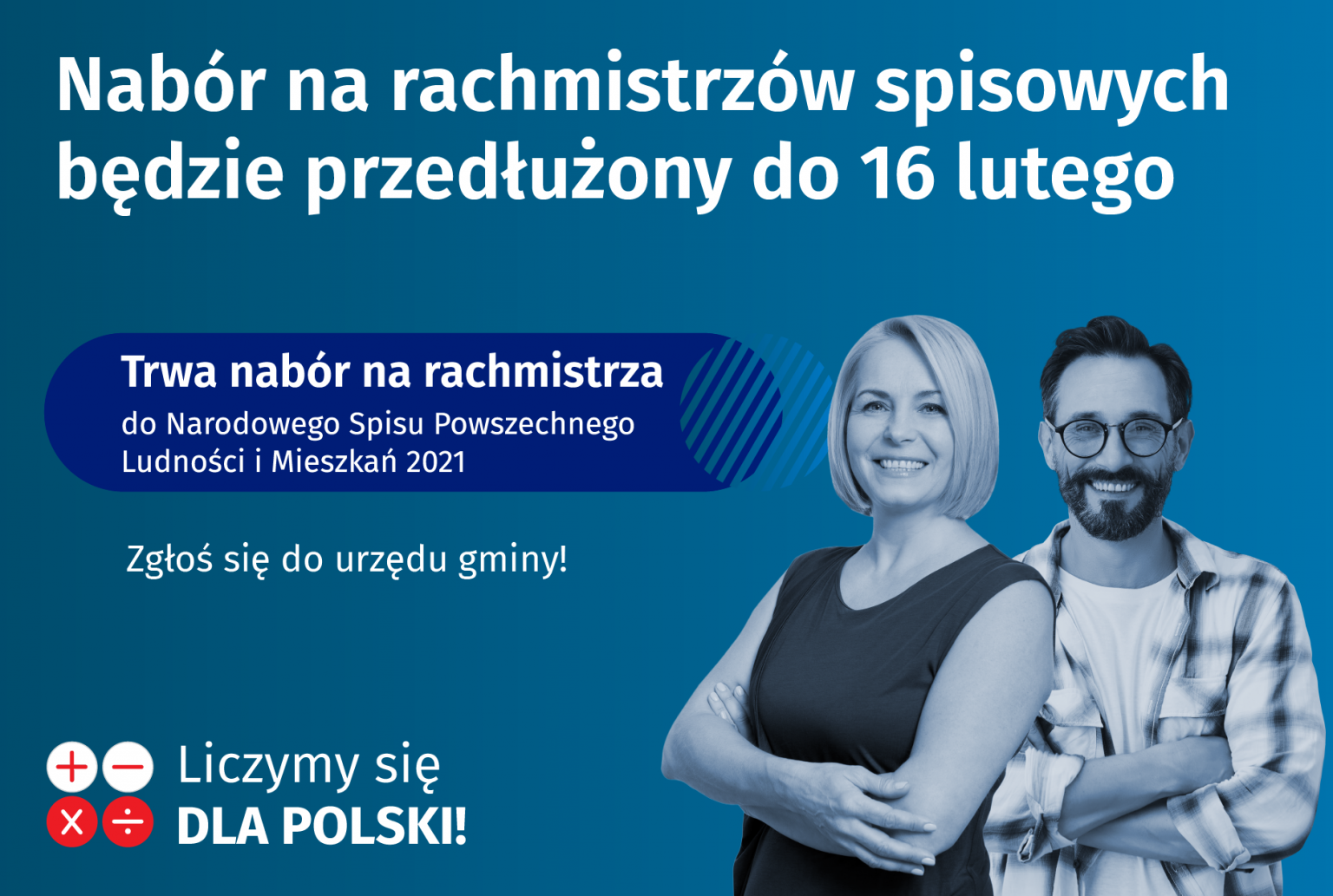 Grafika przedstawia zdjęcie mężczyzny i kobiety - oboje się uśmiechają oraz informacje o naborze na rachmistrza. - grafika artykułu