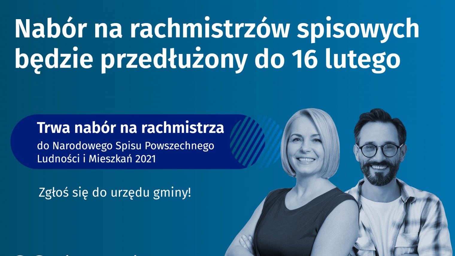 Grafika przedstawia zdjęcie mężczyzny i kobiety - oboje się uśmiechają oraz informacje o naborze na rachmistrza.