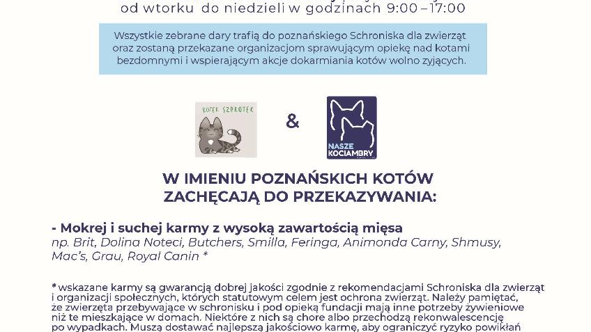 Plakat zawiera szczegółowe informacje na temat zbiórki - w tym listę miejsc, w których można oddać dary oraz listę rzeczy, które należy oddawać.