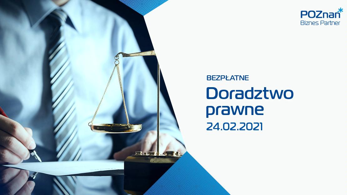 Plakat. Po lewej postać w koszuli i krawacie. Po prawej napis "Bezpłatne doradztwo prawne. 24.02.21". - grafika artykułu