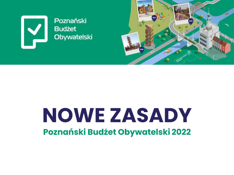 Grafika przedstawia napis "Nowe Zasady - Poznański Budżet Obywatelski 2022", logo akcji oraz rysunek pokazujący zrealizowane w ramach PBO inwestycje, m.in. wieżę widokową na Szachtach czy Wartostradę. - grafika artykułu